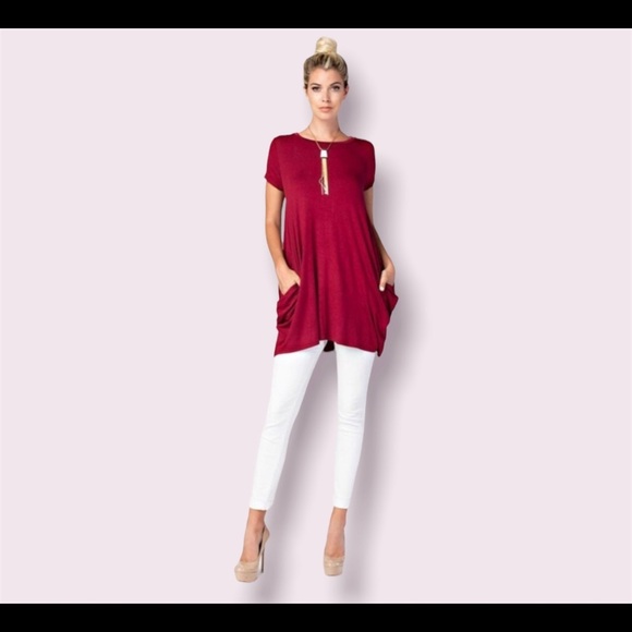 Love In Womans Size L Tunic Top Dress boho Blouson Oversized Red Wine Pocket - Picture 12 of 13